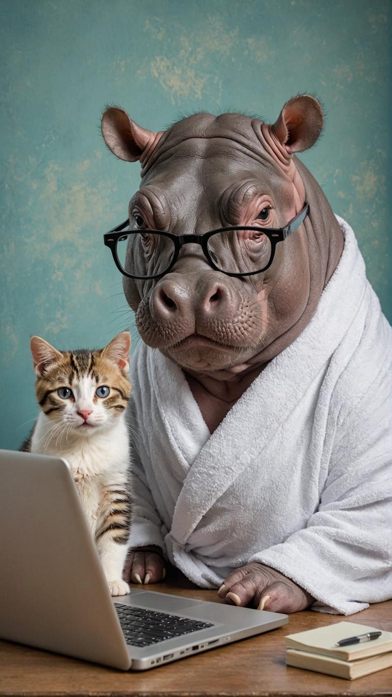 03322-617161139-Cute hippo with black glasses and white bathrobe typing on laptop with a cute kitten on its head, Jamie Hayden, George Stubbs, P.png